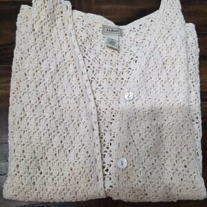 L.L.Bean Cotton Open Crochet Knit Vest Cardigan Cream Coastal Granny XL